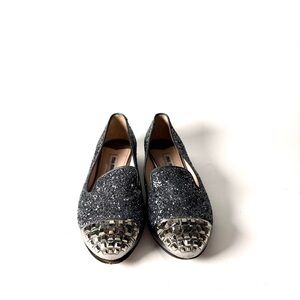 Miu Miu Silver Glitter Loafers with Studded Toe